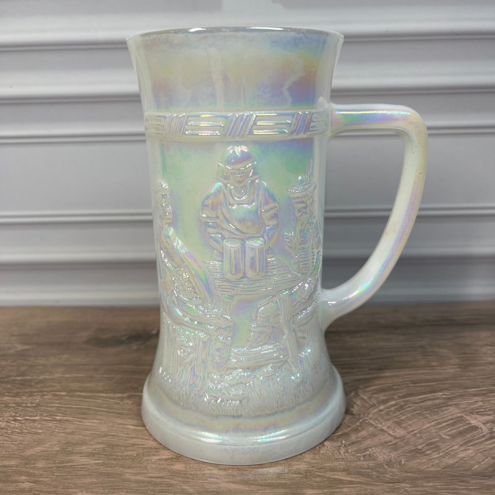 VTG Federal Glass Moonglow Iridescent Milk Glass 3D Tavern Beer Stein Mug 6 in